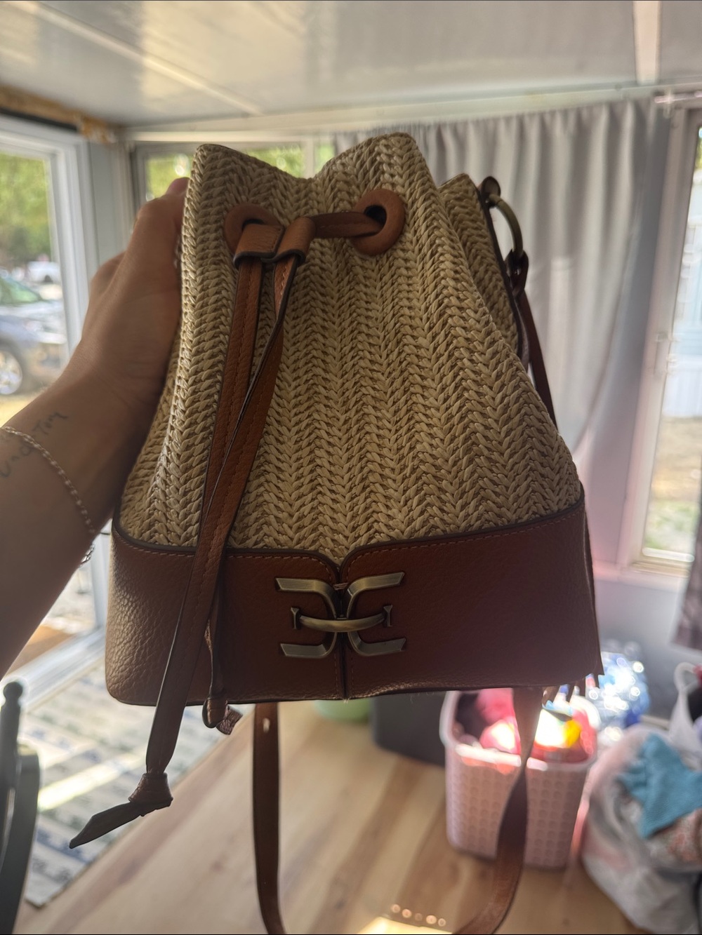 Sam Edelman Tan Leather-Trim Straw Bucket Crossbody